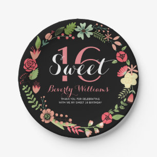 Colourful Floral Wreath On Black Sweet 16 Paper Plate