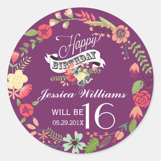 Colourful Floral Wreath On Purple  Happy Birthday Classic Round Sticker (Front)