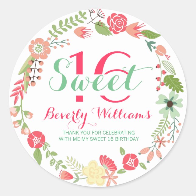 Colourful Floral Wreath On White Sweet 16 Classic Round Sticker (Front)
