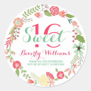 Colourful Floral Wreath On White Sweet 16 Classic Round Sticker