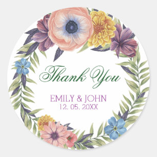 Colourful Floral Wreath-Thank You Classic Round Sticker