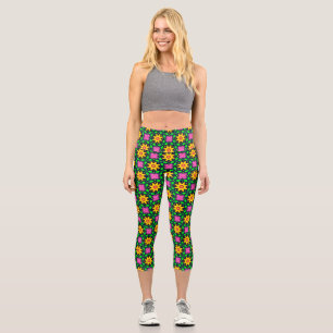 Colourful Floral Yellow Flowers Pattern Capri Leggings