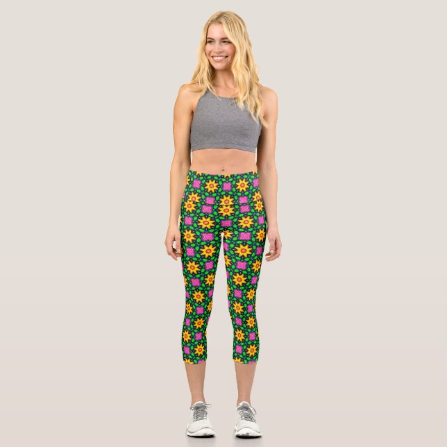 Colourful Floral Yellow Flowers Pattern Capri Leggings (Front)