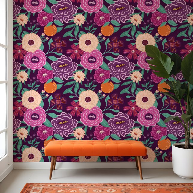 Colourful Florals & Orange Citrus Fruit Patten Wallpaper (Colourful Florals & Orange Citrus Fruit Patten Wallpaper)