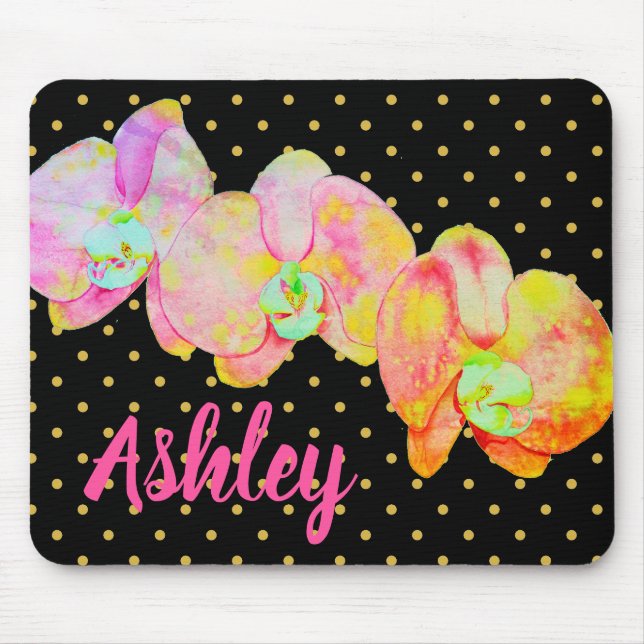 Colourful florals orange orchids polka dots mouse mat (Front)
