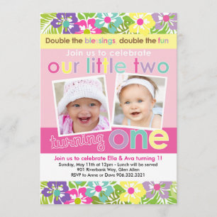 Colourful Florals Twin Girls First Birthday Invitation