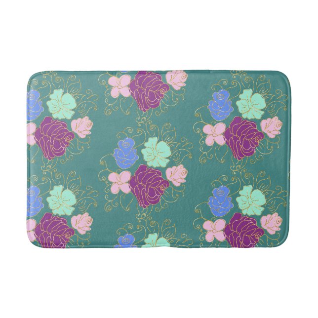 Colourful Florals With Gold Pattern Bath Mat (Front)