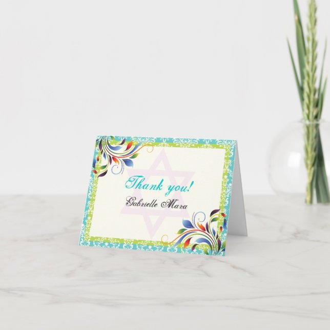 Colourful flourish & Star of David damask Thank Thank You Card (Front)