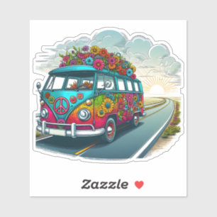 Colourful Flower-Adorned Van Travelling at Sunset