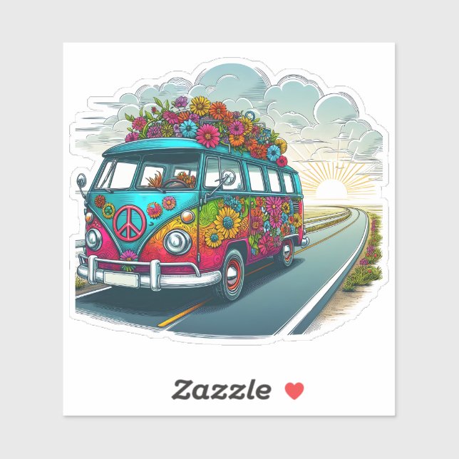 Colourful Flower-Adorned Van Travelling at Sunset (Sheet)