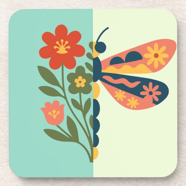 Colourful flower and butterfly graphic design coaster (Front)