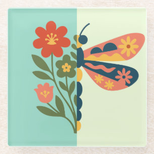 Colourful flower and butterfly graphic design glass coaster