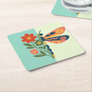 Colourful flower and butterfly graphic design square paper coaster