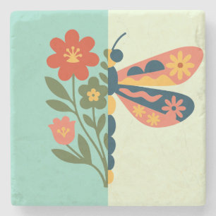 Colourful flower and butterfly graphic design stone coaster