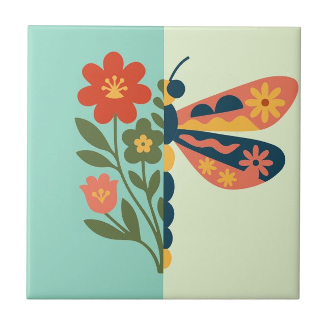 Colourful flower and butterfly graphic design tile (Front)