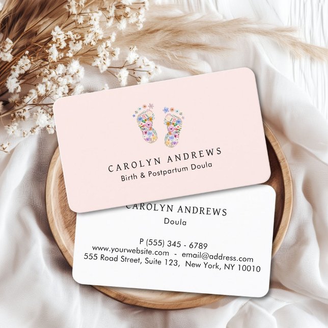 Colourful Flower Baby Footprint Logo Blush-Pink Business Card (Colorful Flower Baby Footprint Logo Blush-Pink-White Business Card)