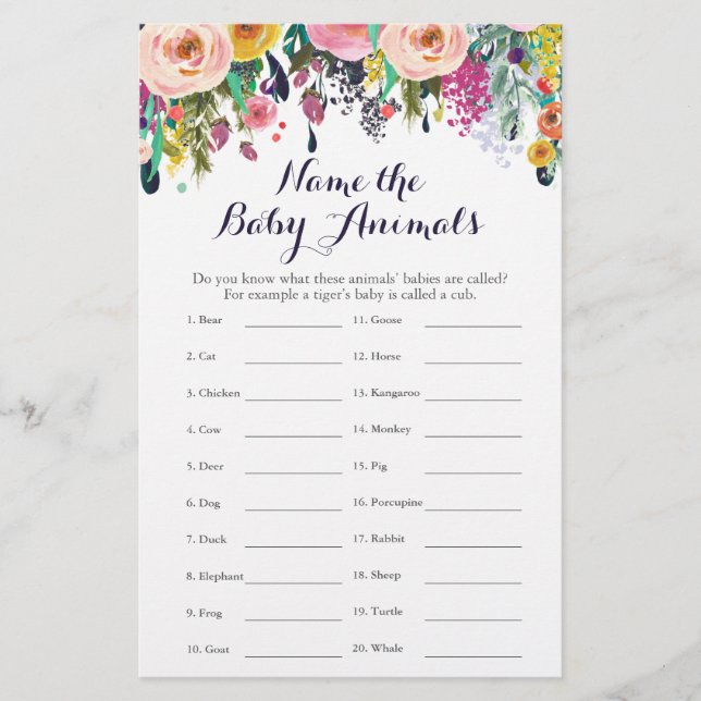 Colourful Flower Baby Shower Baby Animal Name Game (Front)