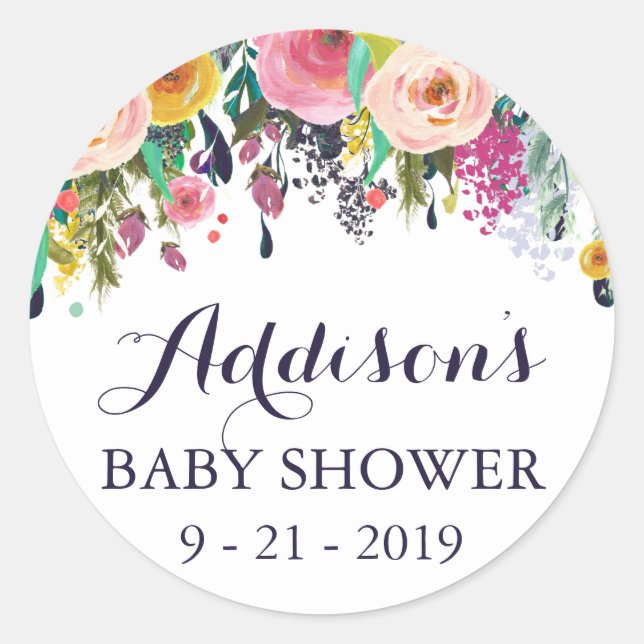 Colourful Flower Baby Shower Circle Stickers Label (Front)