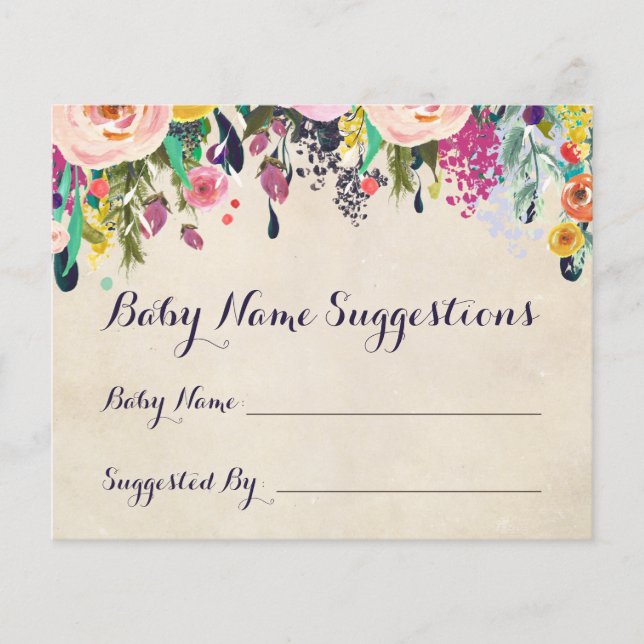 Colourful Flower Baby Shower Name Suggestion Cards (Front)