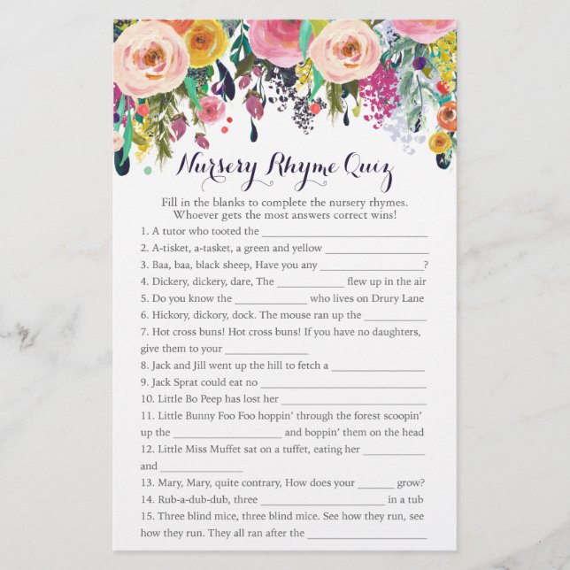 Colourful Flower Baby Shower Nursery Rhyme Quiz (Front)
