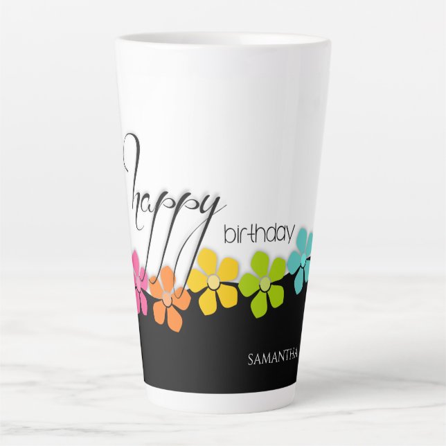 Colourful Flower Black & White Birthday Calligraph Latte Mug (Front)