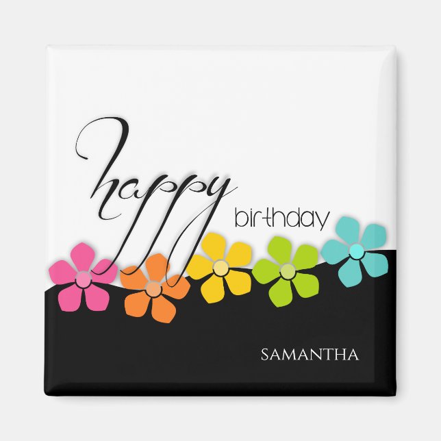 Colourful Flower Black & White Birthday Calligraph Magnet (Front)