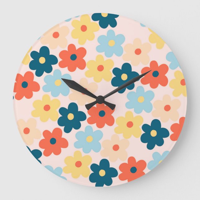 Colourful Flower Boho Retro Large Clock (Front)
