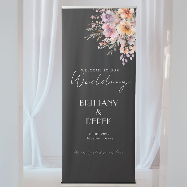 Colourful, Flower Bouquet Black Wedding Retractable Banner (Colorful, Flower Bouquet Black Wedding Retractable Banner with your names & date.)