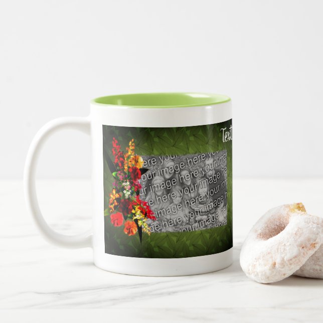 Colourful Flower Bouquet Frame Personalised Photo  Two-Tone Coffee Mug (With Donut)