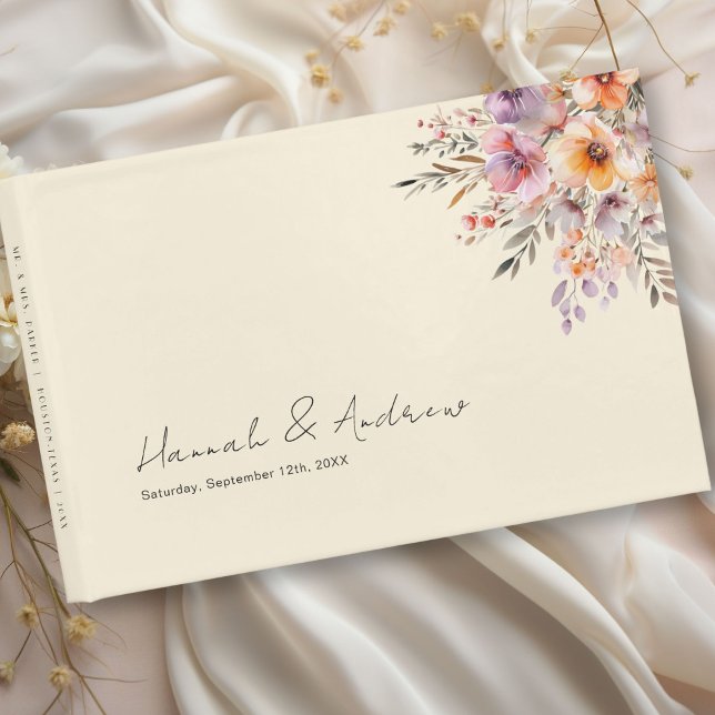 Colourful, Flower Bouquet, Wedding, Beige Guest Book (Colorful, Flower Bouquet, Beige Wedding Guest Book with your name and date.)