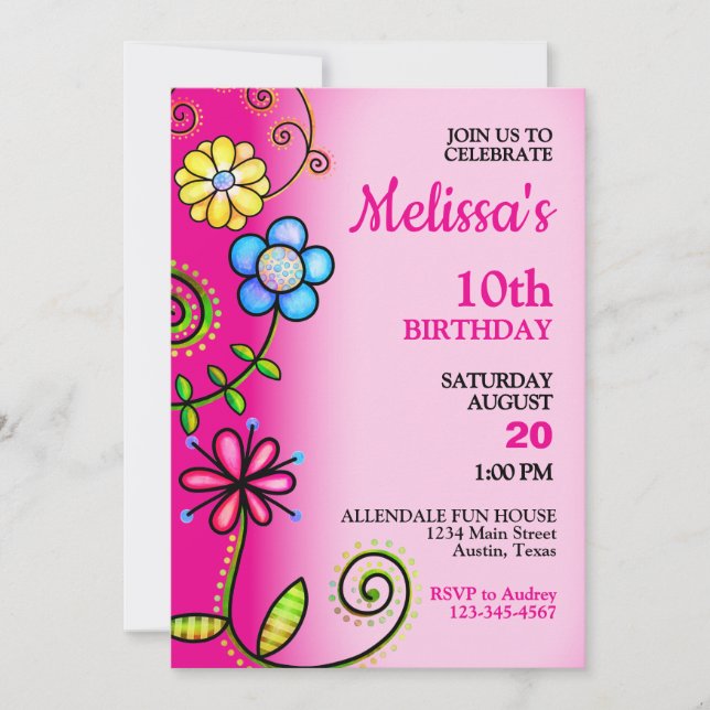 Colourful Flower Doodles Birthday Party Invitation (Front)