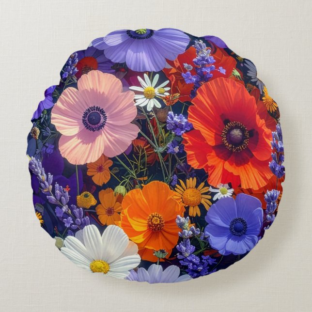 Colourful Flower Fields Round Cushion (Front)
