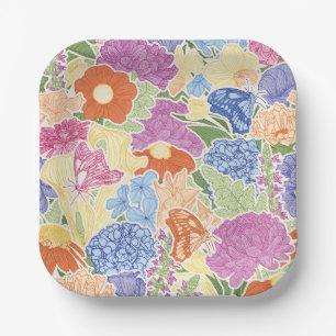Colourful Flower Garden and Butterflies Paper Plate