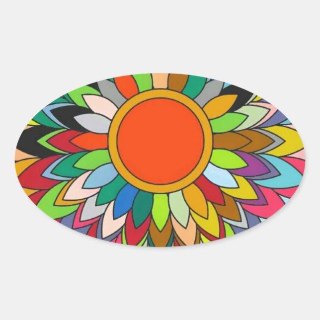 colourful flower mandala yaei design oval sticker (Front)