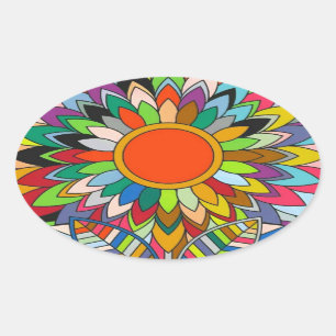 colourful flower mandala yaei design oval sticker