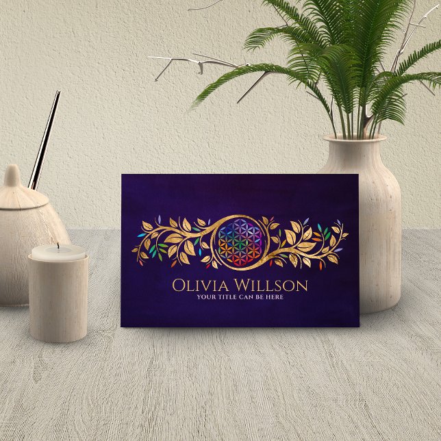 Colourful Flower of life - golden leaves Business Card (Creator Uploaded)