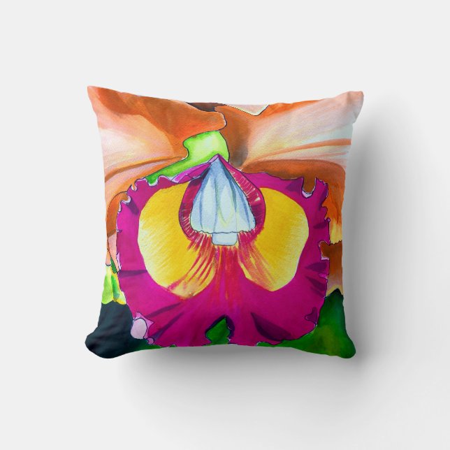 Colourful flower orchid watercolor art cushion (Front)