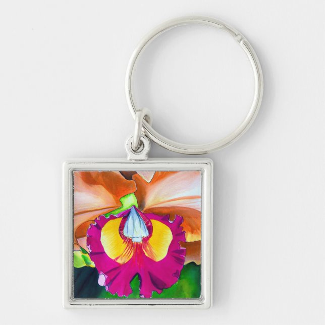 Colourful flower orchid watercolor art key ring (Front)
