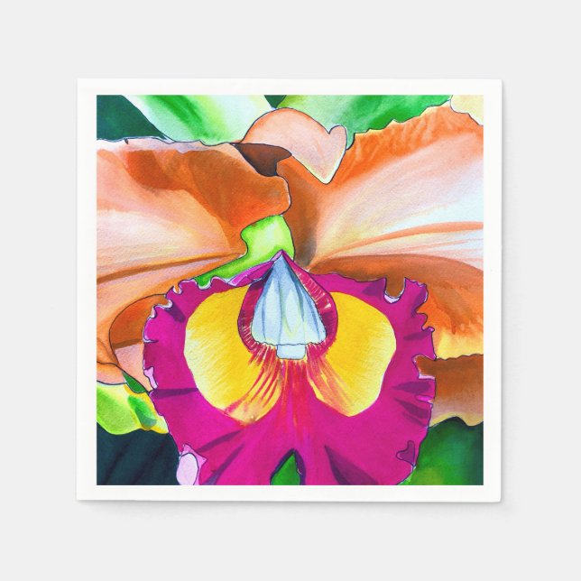 Colourful flower orchid watercolor art napkin (Front)