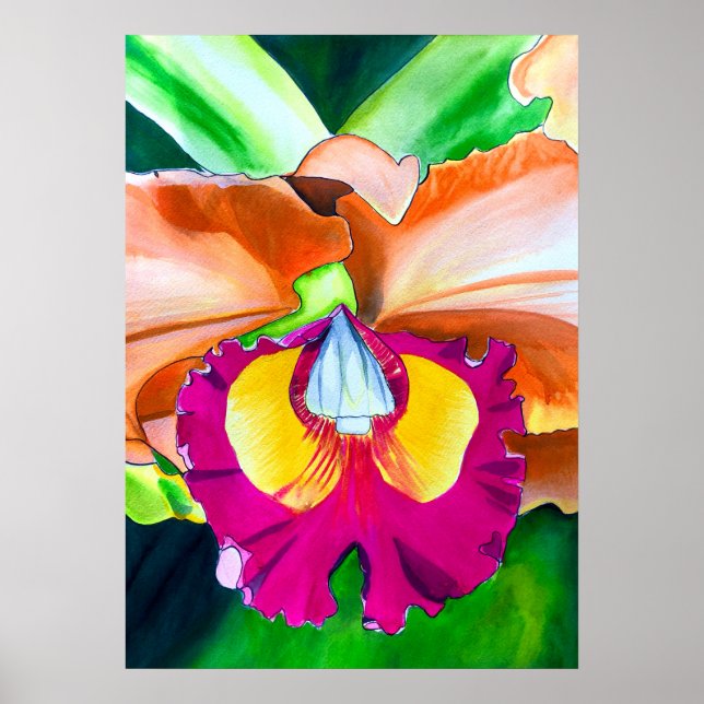 Colourful flower orchid watercolor art poster (Front)