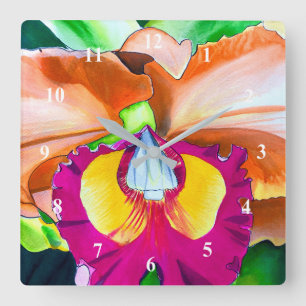 Colourful flower orchid watercolor art square wall clock