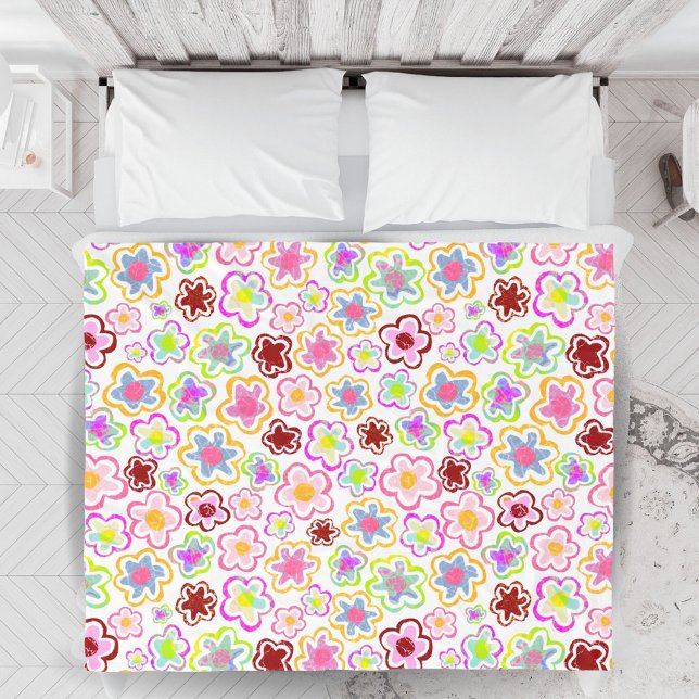 Colourful Flower Pattern Hand-Drawn Summer Floral Fleece Blanket (Creator Uploaded)