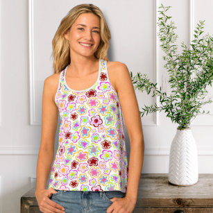 Colourful Flower Pattern Hand-Drawn Summer Floral Tank Top