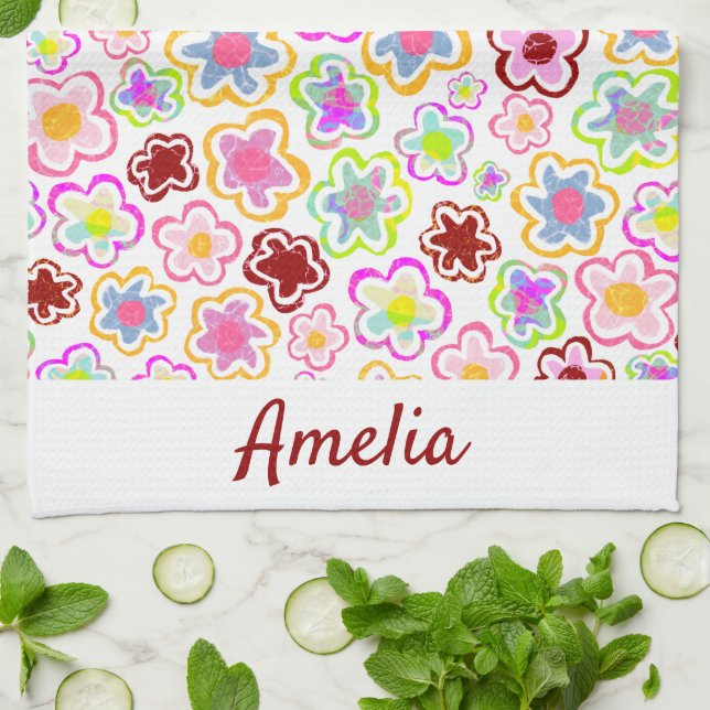 Colourful Flower Pattern Hand-Drawn Summer Floral  Tea Towel (Folded)