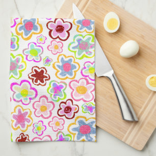 Colourful Flower Pattern Hand-Drawn Summer Floral Tea Towel