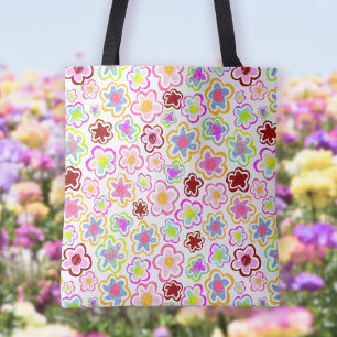 Colourful Flower Pattern Hand-Drawn Summer Floral Tote Bag