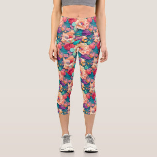Colourful Flower Pattern High Waisted Yoga Capris
