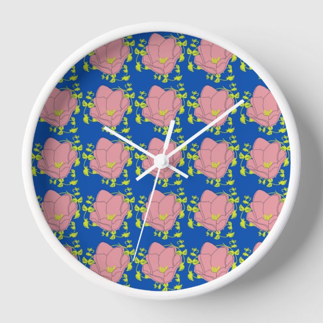 Colourful Flower Pattern on Blue Background Clock (Front)