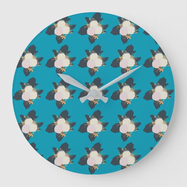 Colourful Flower Pattern on Blue Background Large Clock (Front)