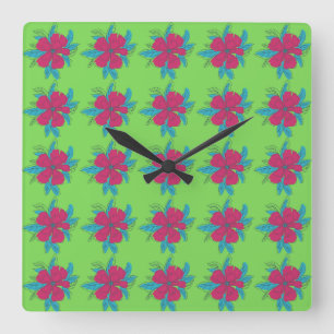 Colourful Flower Pattern on Green Background Square Wall Clock